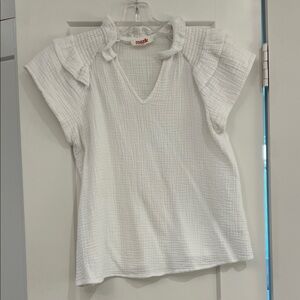 Mazik White cotton Textured Gauze V neck Ruffle Sleeve Blouse size Ssmall